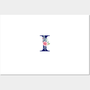 Watercolor Floral Letter I in Navy Posters and Art